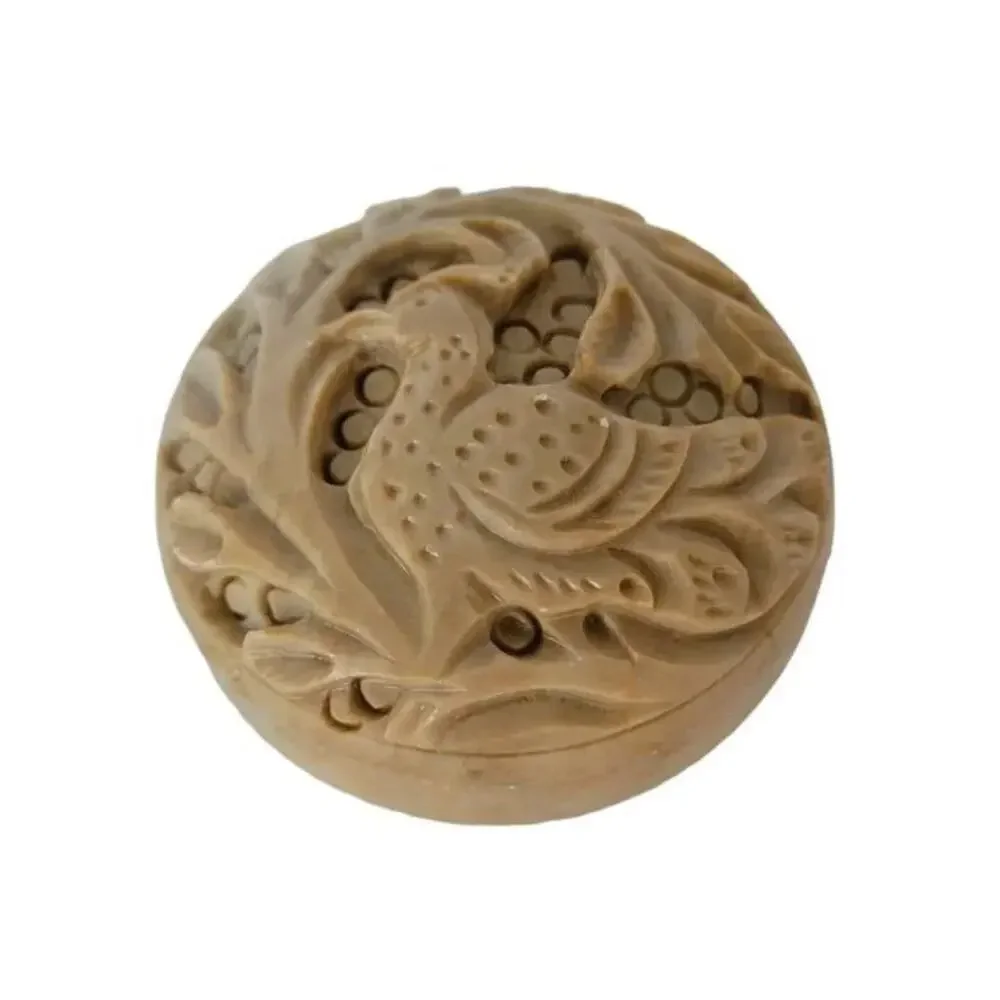 Vintage Hand Carved Soapstone Trinket Box Round Small Bird Carving Boho Deco Box